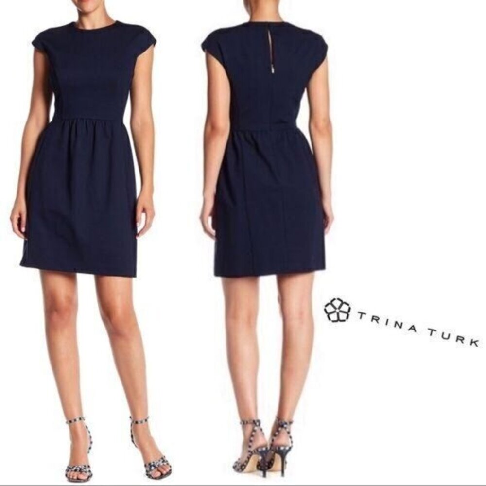 Trina Turk 2 Keyhole Back Mini Dress Short Sleeve Pamila Blue Navy Above Knee